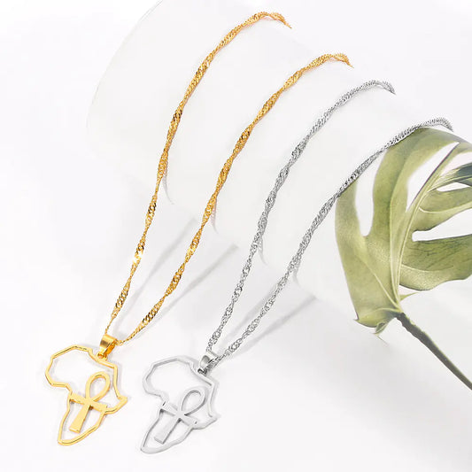 Africa Map Necklace - Stainless Steel Hollow Pendant Ankh