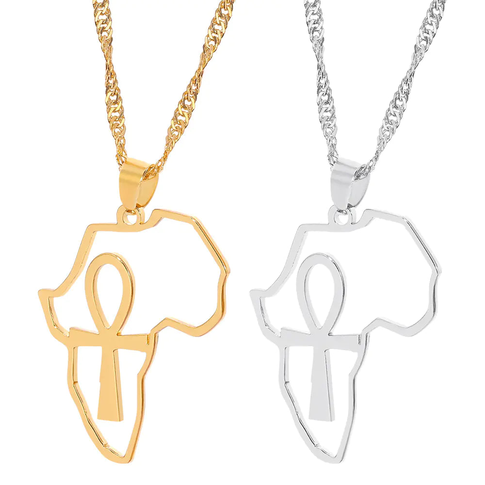 Africa Map Necklace - Stainless Steel Hollow Pendant Ankh