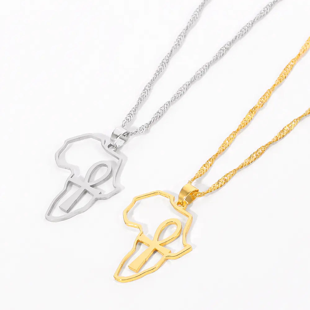 Africa Map Necklace - Stainless Steel Hollow Pendant Ankh