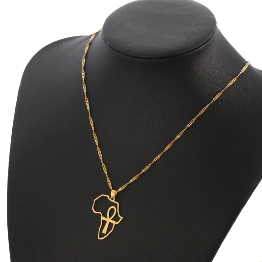 Africa Map Necklace - Stainless Steel Hollow Pendant Ankh